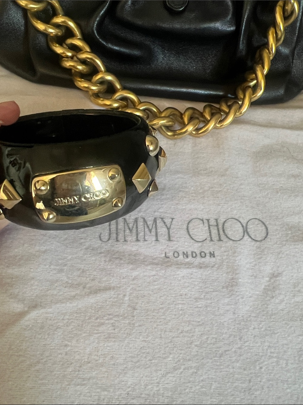 Jimmy Choo Black Leather Shoulder Bag with Gold Chain Strap with bangle bracelet - Picture 4 of 15